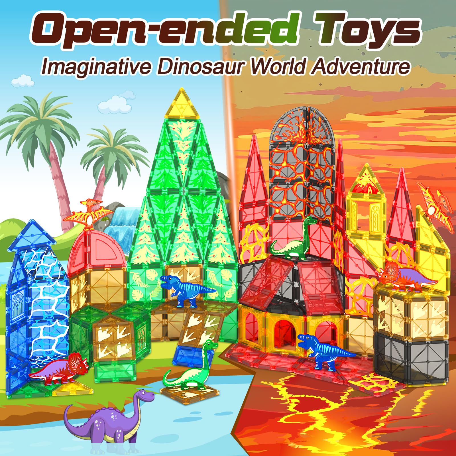 102PCS Dinosaur Toys Magnetic Tiles with 8 Dinosaurs - Jurassic Scenes Dinosaur World Adventure Set, Magnetic Blocks Kids Toys for Boys & Girls Ages 3+, Sensory Toddler Creative Kids Games Gifts