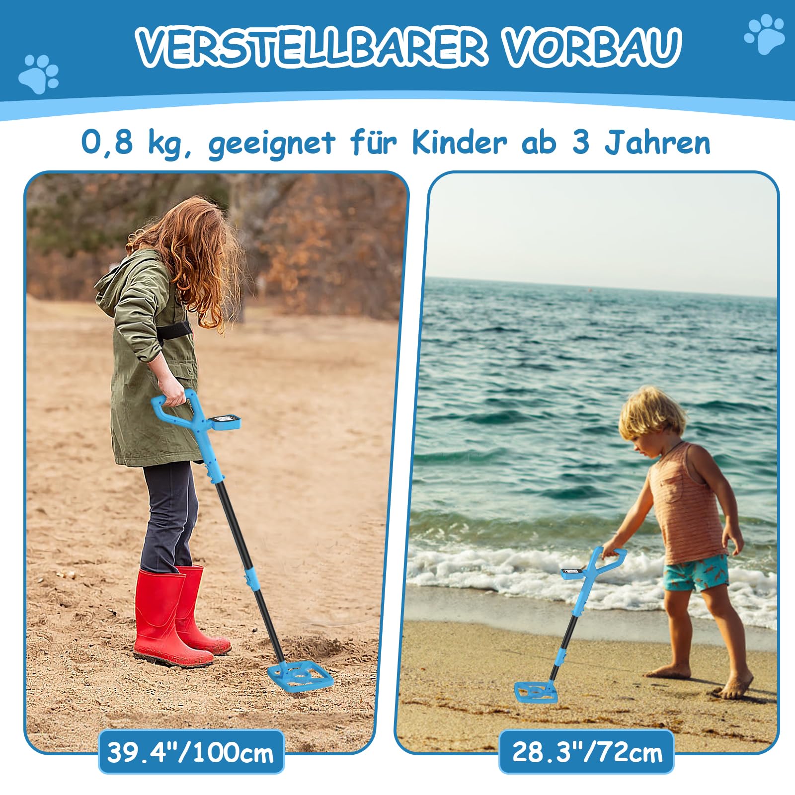 Metalldetektor Kinder, OMMO USB Wiederaufladbarer Metalldetektor mit Lustigem LCD-Display, 72-100cm Verstellbarer Leichter Metalldetektoren für Kinder, Erkundung im Freien, Azure 4