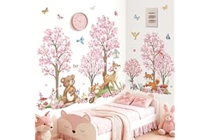 wondever Large Woodland Animal Flower Tree Wall Stickers Cherry Blossom Bear Deer Fox Peel and Stick Wall Art Decals for Baby