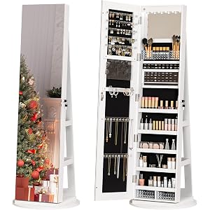 Zamildon's 360° Swivel Jewelry Armoire Cabinet, Lockable Freestanding Full Length Mirror Jewelry Organizer with Storage Shelv