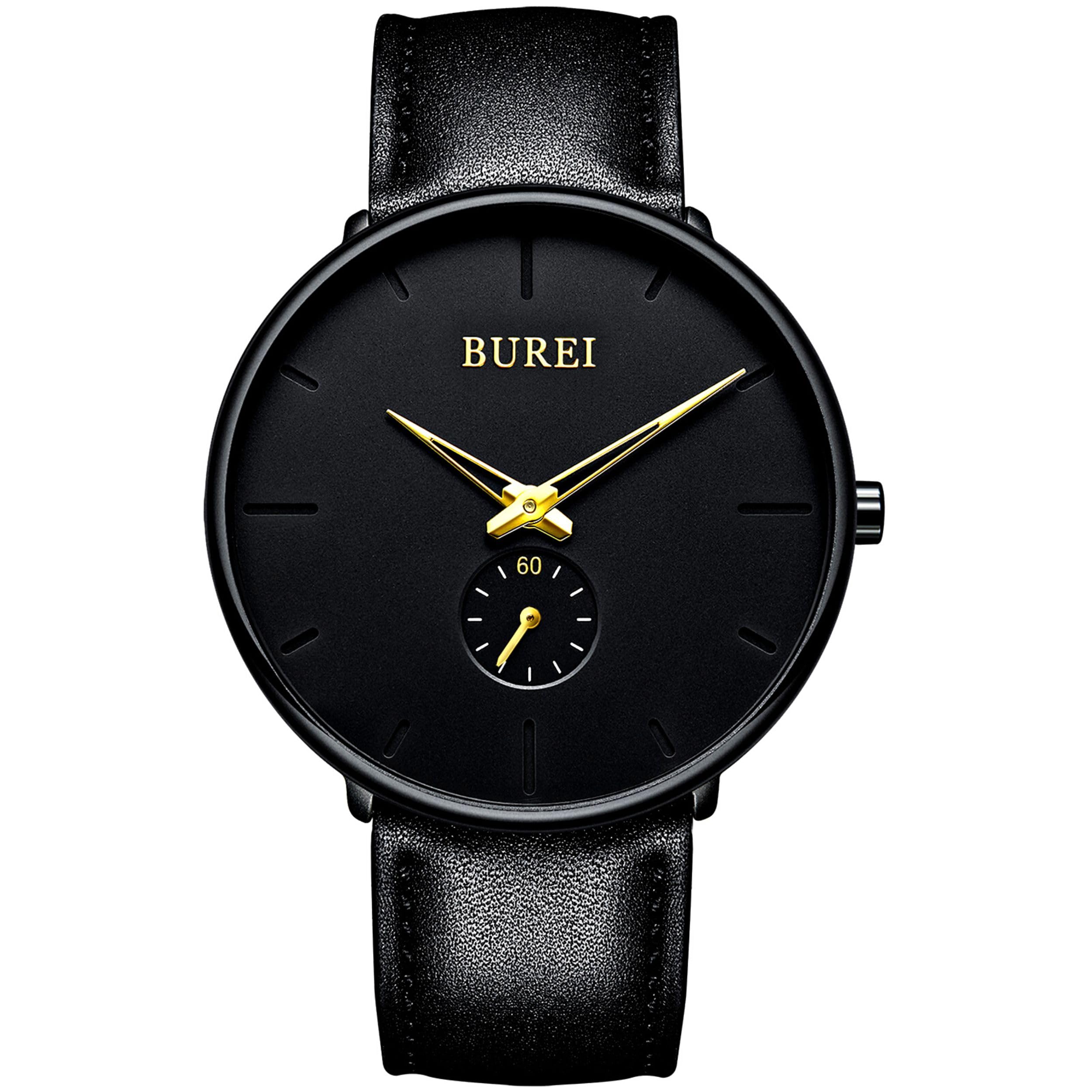 BUREI Mens Minimalist Watch Black Large Face Rose Gold Hands Silver Stainless Steel Mesh Band