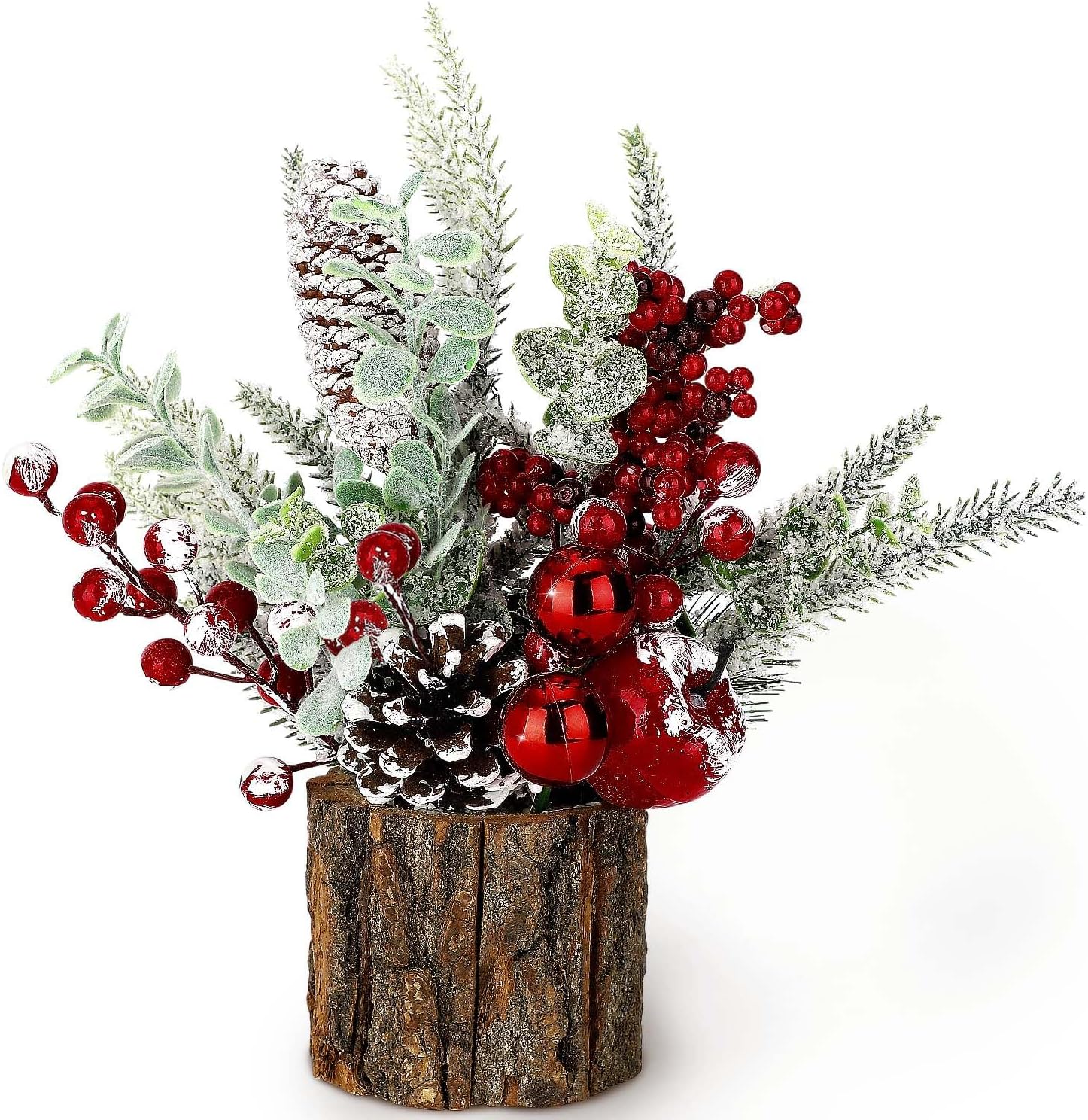Trees - Small Christmas Tree Tabletop Artificial Mini Christmas Tree Decorations with Holiday Ornaments Red Berry Pine Cone Greenery for Home Indoor Fireplace Mantel Xmas Decor (Tree Stump-Red)