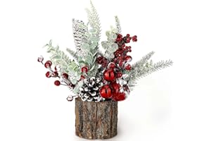 KPX Small Christmas Tree Tabletop Artificial Mini Christmas Tree Decorations with Holiday Ornaments Red Berry Pine Cone Greenery for Home Indoor Fireplace Mantel Xmas Decor (Tree Stump-Red)