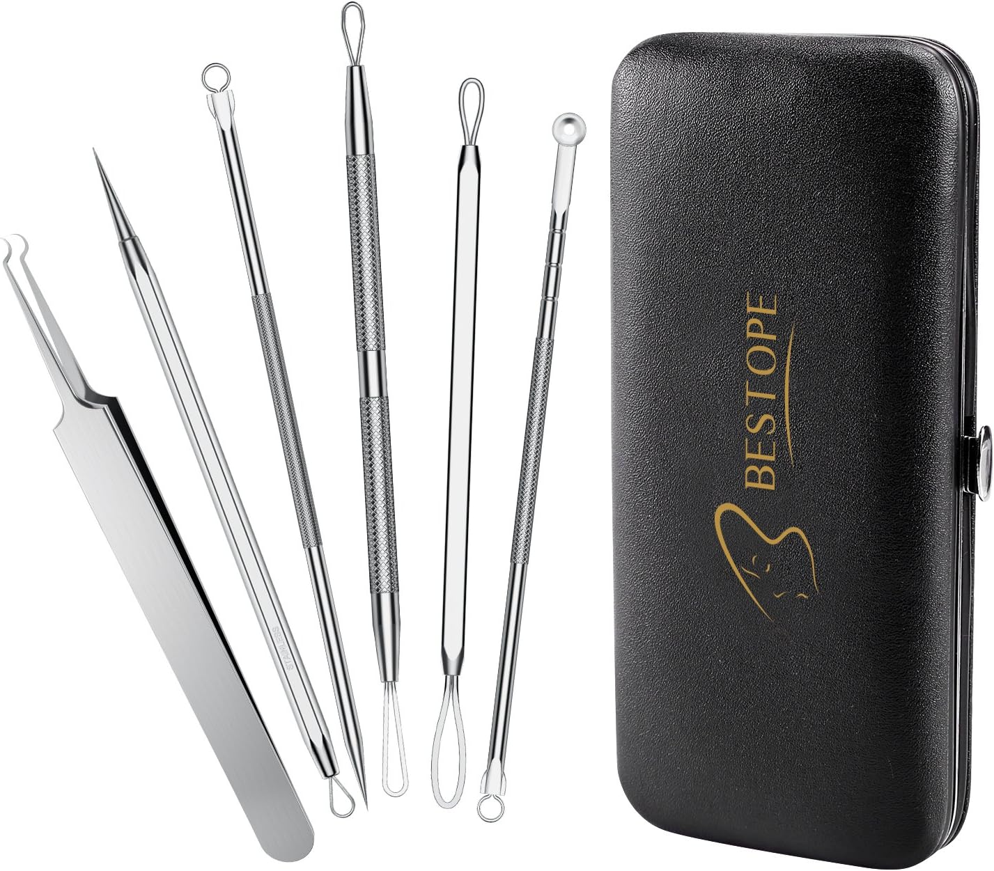 BESTOPE Blackhead Remover Curved Blackhead Tweezers Tool, 6-in-1 Professional Stainless Zit Pimple Comedone Extractor Popper Kit Set with Mirror Leather Case