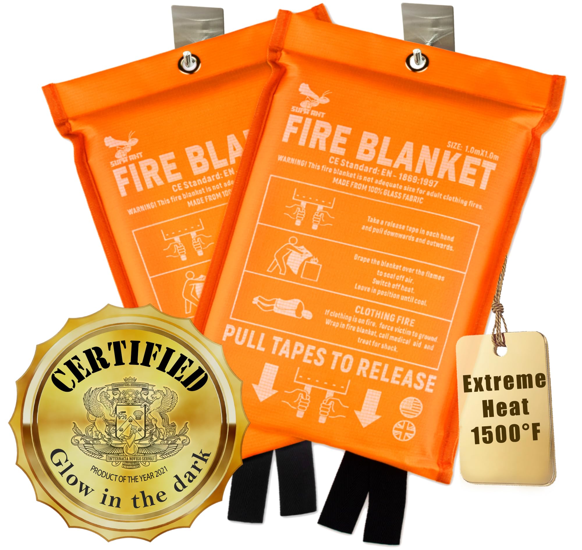 Supa Ant Emergency Fire Blanket for Home and Kitchen - 2 Pack 1500F High Visibility (Glow in The Dark) Smother Kitchen Fire Blanket - CE Certified Hero Fire Blankets Emergency for Home (40in)