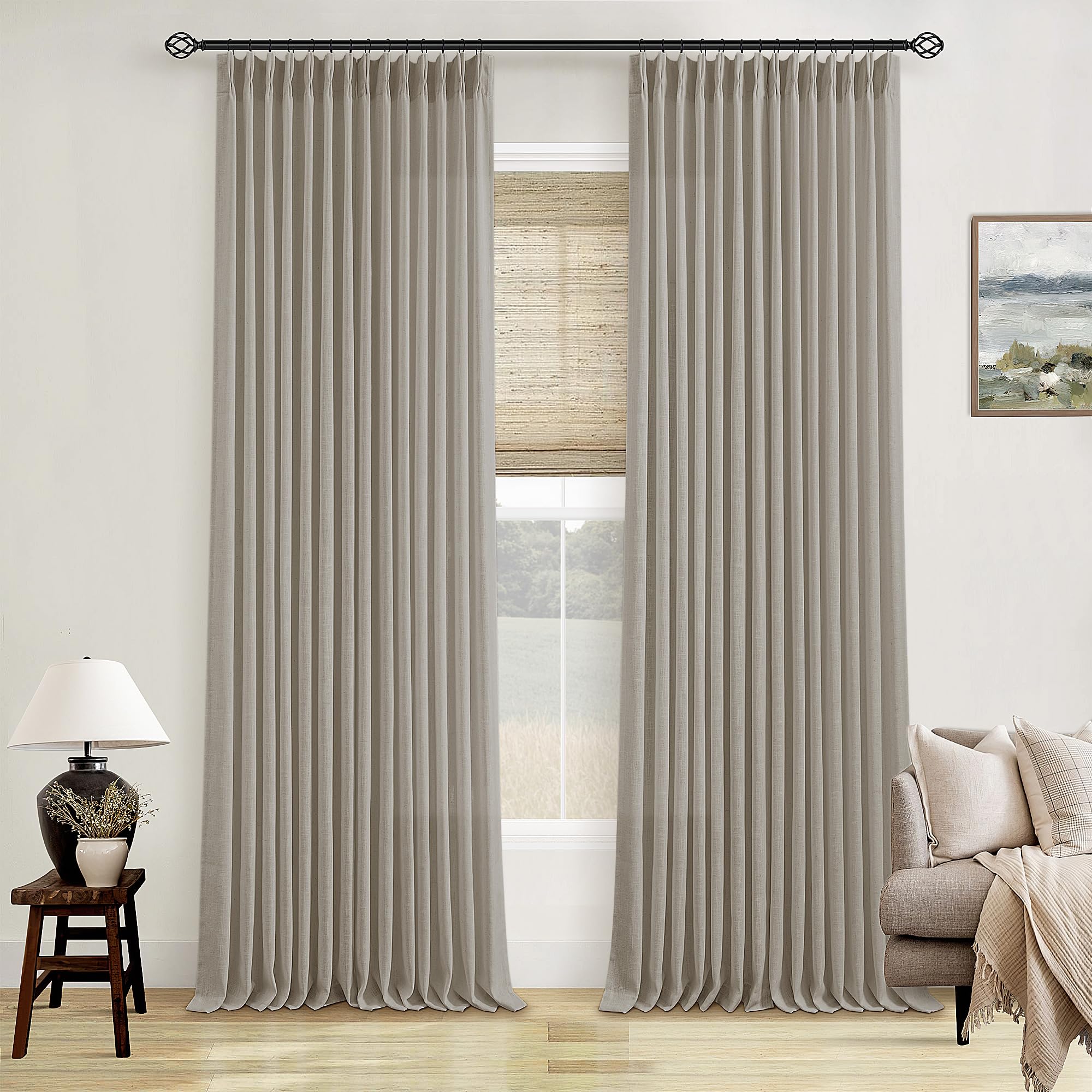 Photo 1 of Flax Burlap 90 Inch Pinch Pleated Linen Curtains 2 Panel Set for Living Room Thick Linen Textured Drapes 90 Inches Long Pinch Pleat Drapes Semi Sheer Curtain for Dining Bedroom Office Dark Taupe