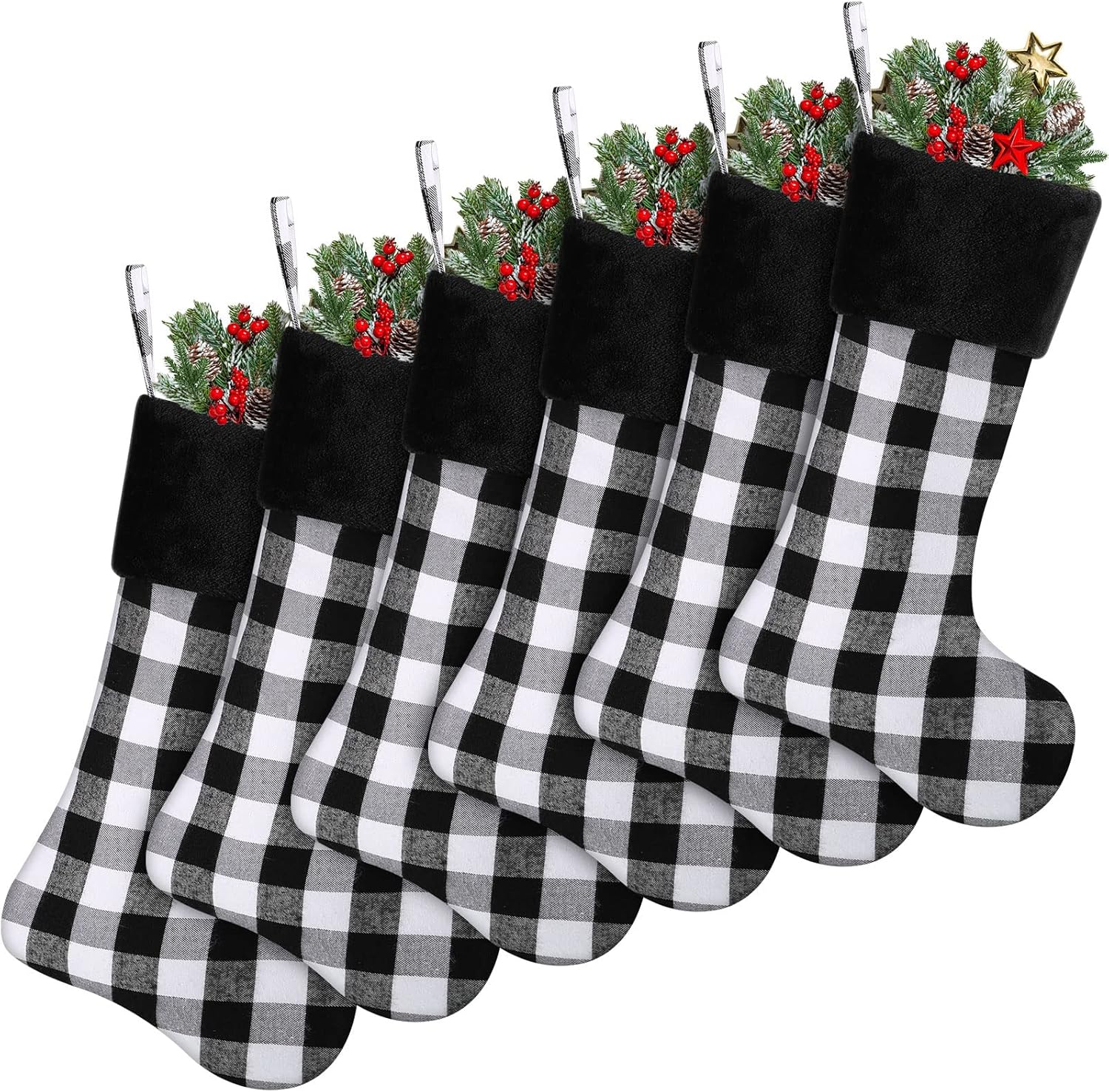 Stockings & Holders - 6 Pieces 22 Inch Christmas Buffalo Plaid Stockings Christmas Stocking with Plush Faux Fur Cuff Big Plaid Christmas Stockings Decorations for Christmas Holiday Party Decor (Black and White Plaid)