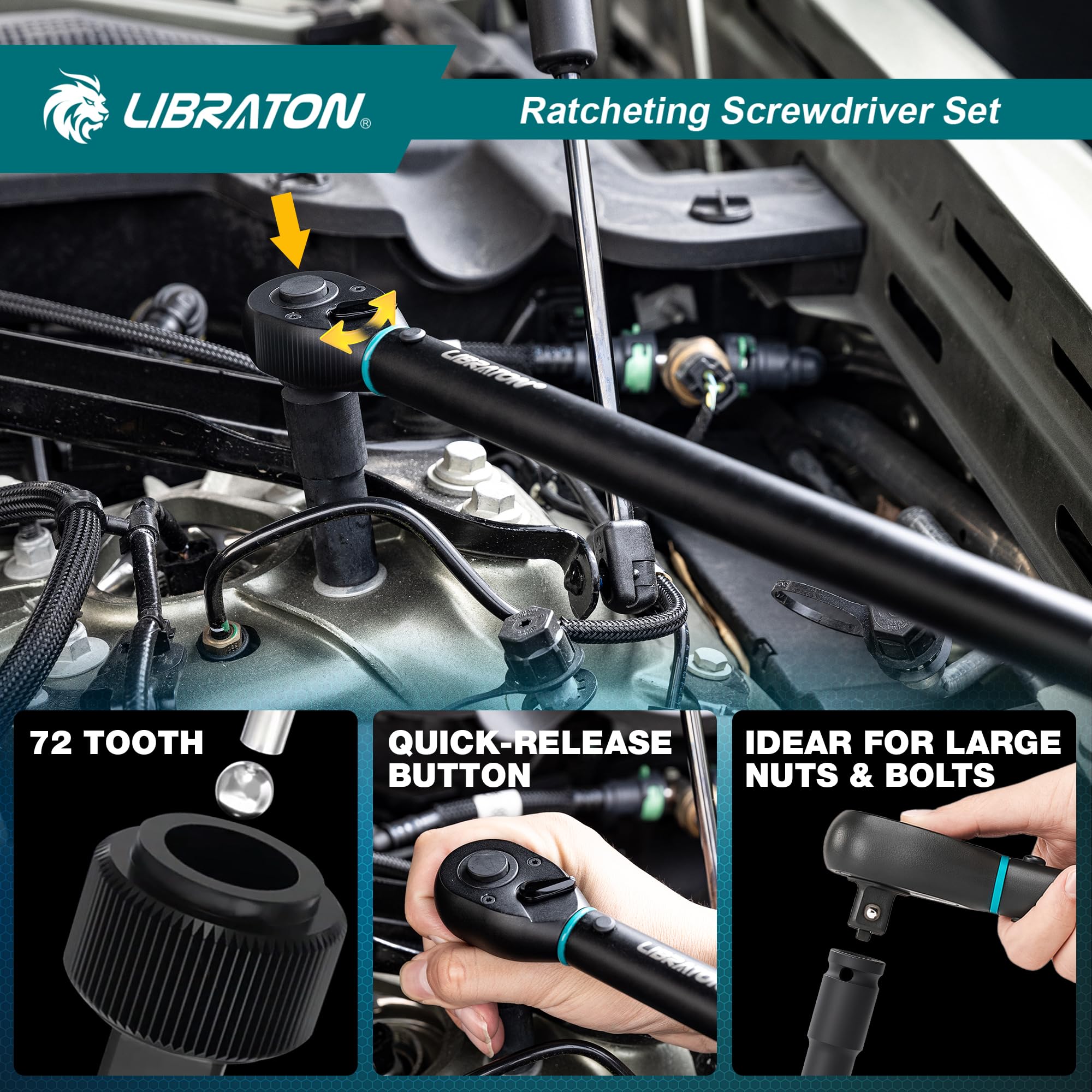 LIBRATON Drehmomentschlüssel 1/2 Zoll, 50–350NM, Drehmomentschlüssel Auto ±3% Genauigkeit, Gelenkgriff 1/2 Zoll, 72-Zahn-Dual-Direction Verstellbarer Drehmoment für Auto, Motorrad Reparatur 4