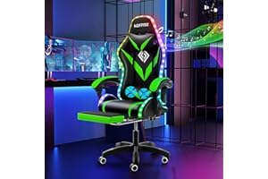 HOFFREE Gaming Chair with Bluetooth Speakers and Led Lights Massage Computer Gamer Chair with Footrest Ergonomic Video Game Chair for Adults Green and Black