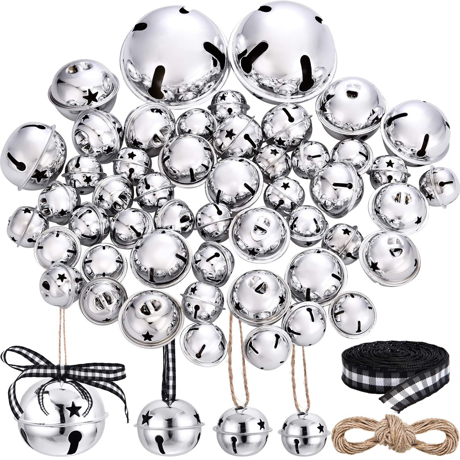 SKYLETY 50 Pieces Bell with Star Cutout Metal Sleigh Bell Rustic Christmas Xmas Tree Ornaments Assorted Size with Hanging Ribbon and Rope for Holiday Wreath Garland Craft Decorations (Silver Bells)