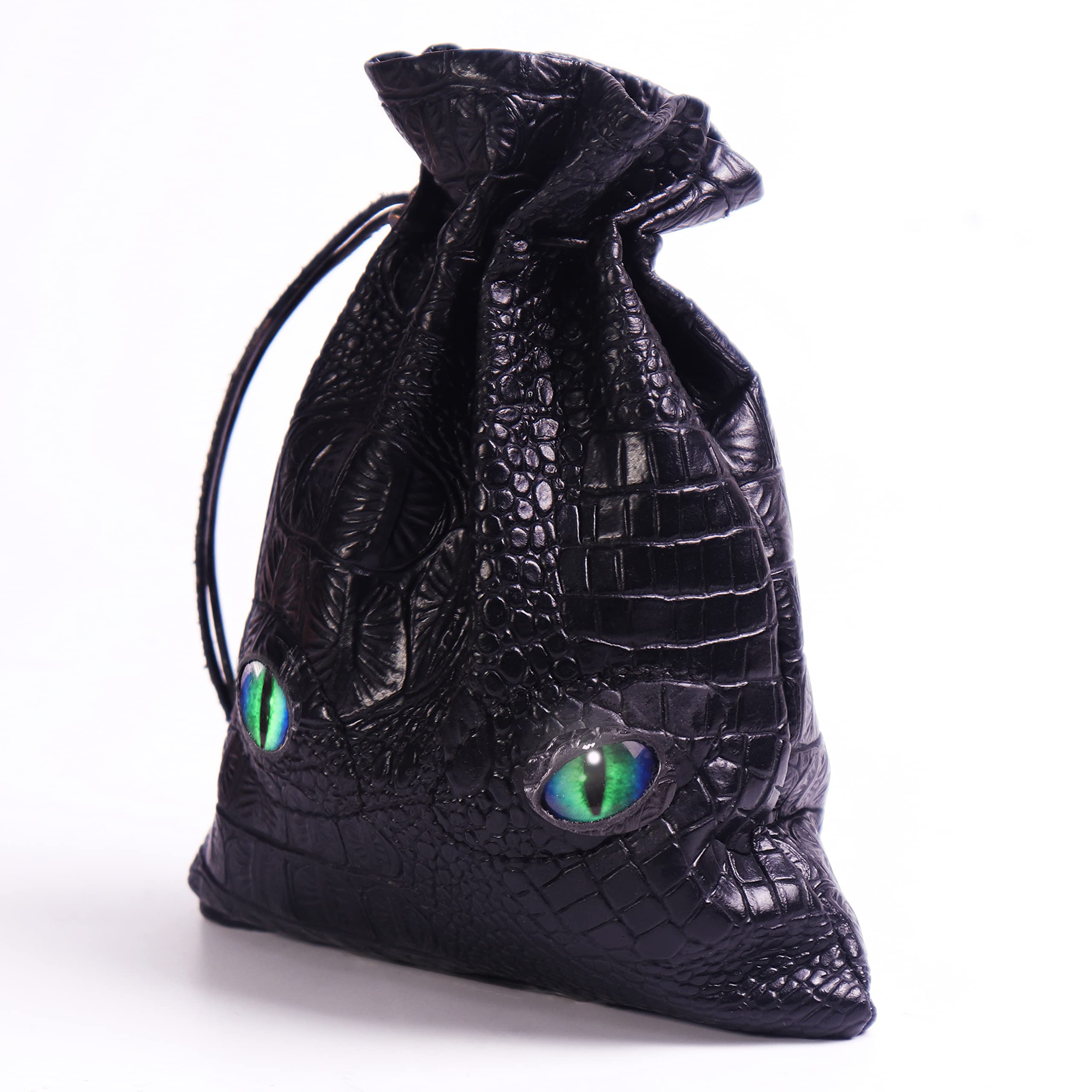 Byhoo DND Dice Bag, Black Dice Bag can Hold 6 DND Dice Sets, Fire Dragon Leather Coin Bag, Glows Green Light in Eyes, Suitable for DND Board Games, Fantasy RPG Game Accessories, Dice Not Included