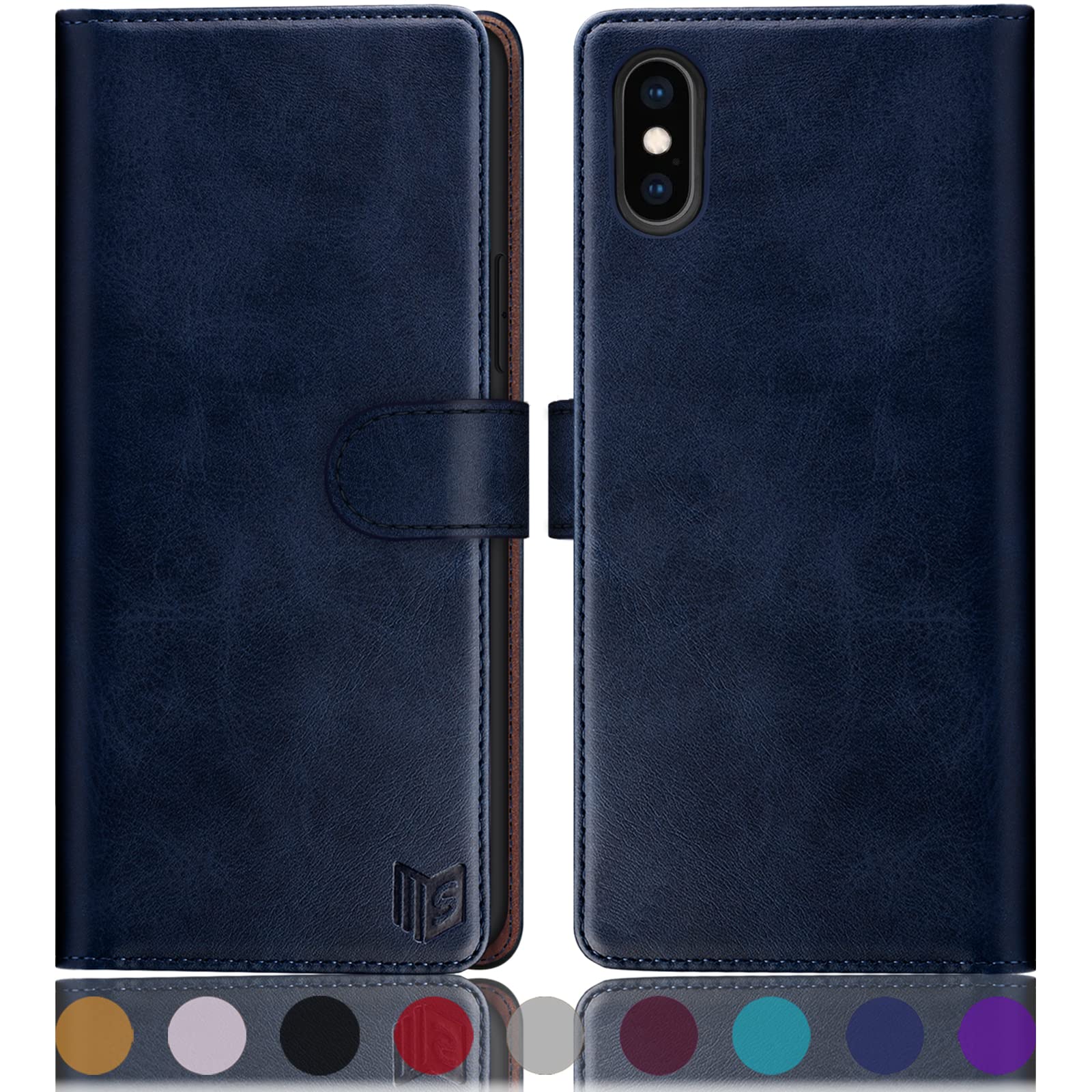 SUANPOT for iPhone X/XS 5.8"case with [Credit Card Holder][RFID Blocking],PU Leather Flip Book Protective Cover Women Men for Apple X/XS Phone case Blue