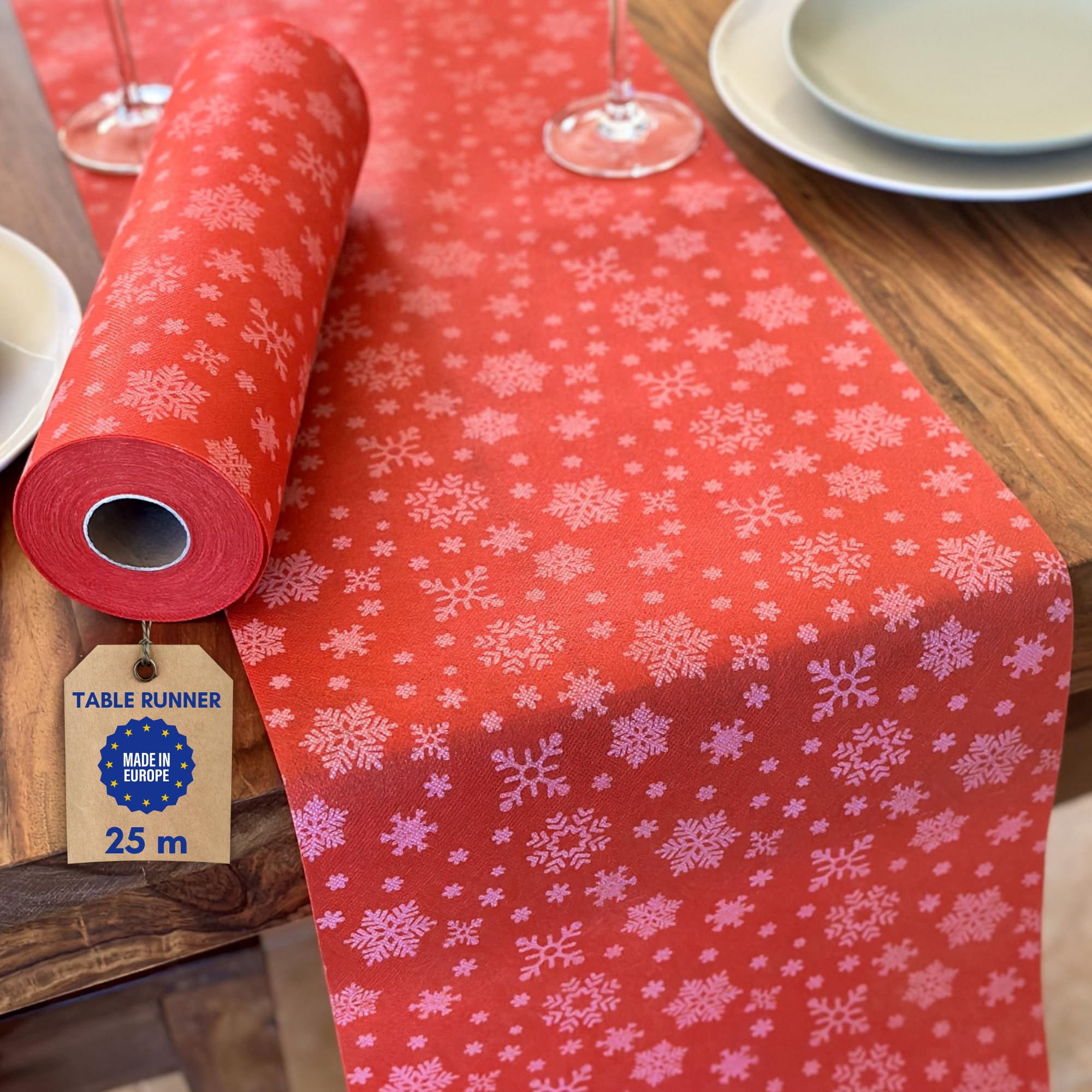 NATUARTE, Christmas Table Runner, Non Woven Fabric Roll of 25 meters x 30 centimeters, Christmas Table Decoration, Christmas Decoration, Table Skirt, White and red Colour — image 1