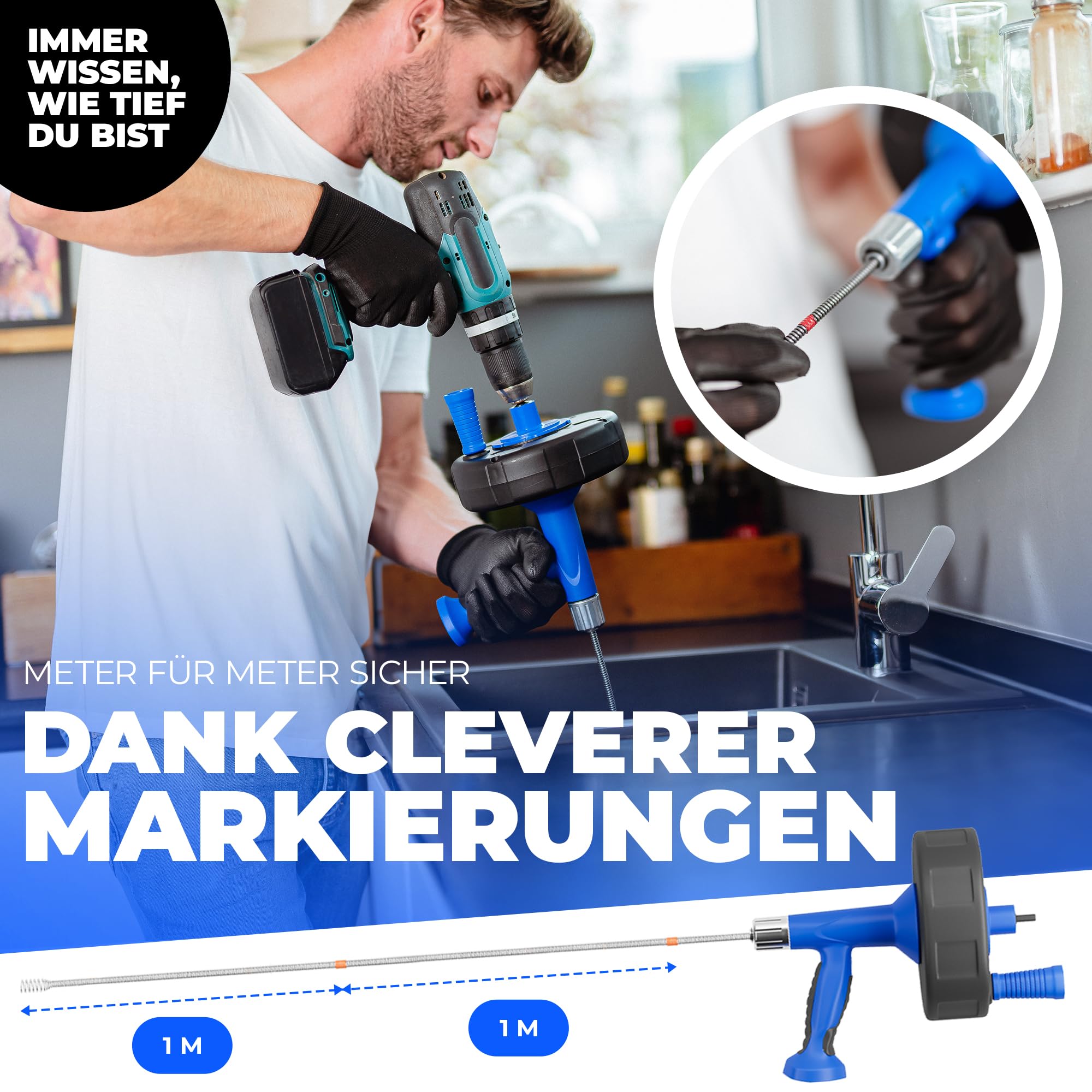 CLEVERWERK Rohrreinigungsspirale 7,5m[Spannfutter]Abflussreiniger Spirale 3