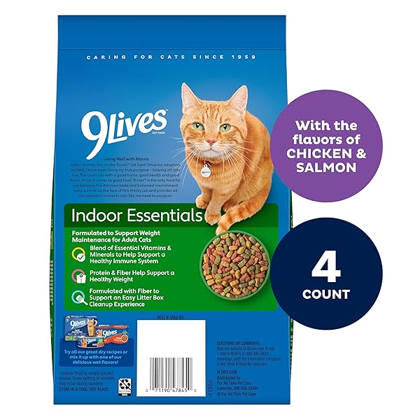 9LIVES INDOOR ESSENTIALS DRY CAT FOOD FOR ADULT CATS WITH CHICKEN & SALMON FLAVORS, 3.15 LB. BAG (PACK OF 4)