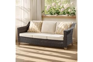 Gardenbee Patio Couch, All Weather Outdoor Couch 3-Seat Sofa with High Back and Premium Cushions for Garden Backyard Porch(Brown/Beige)