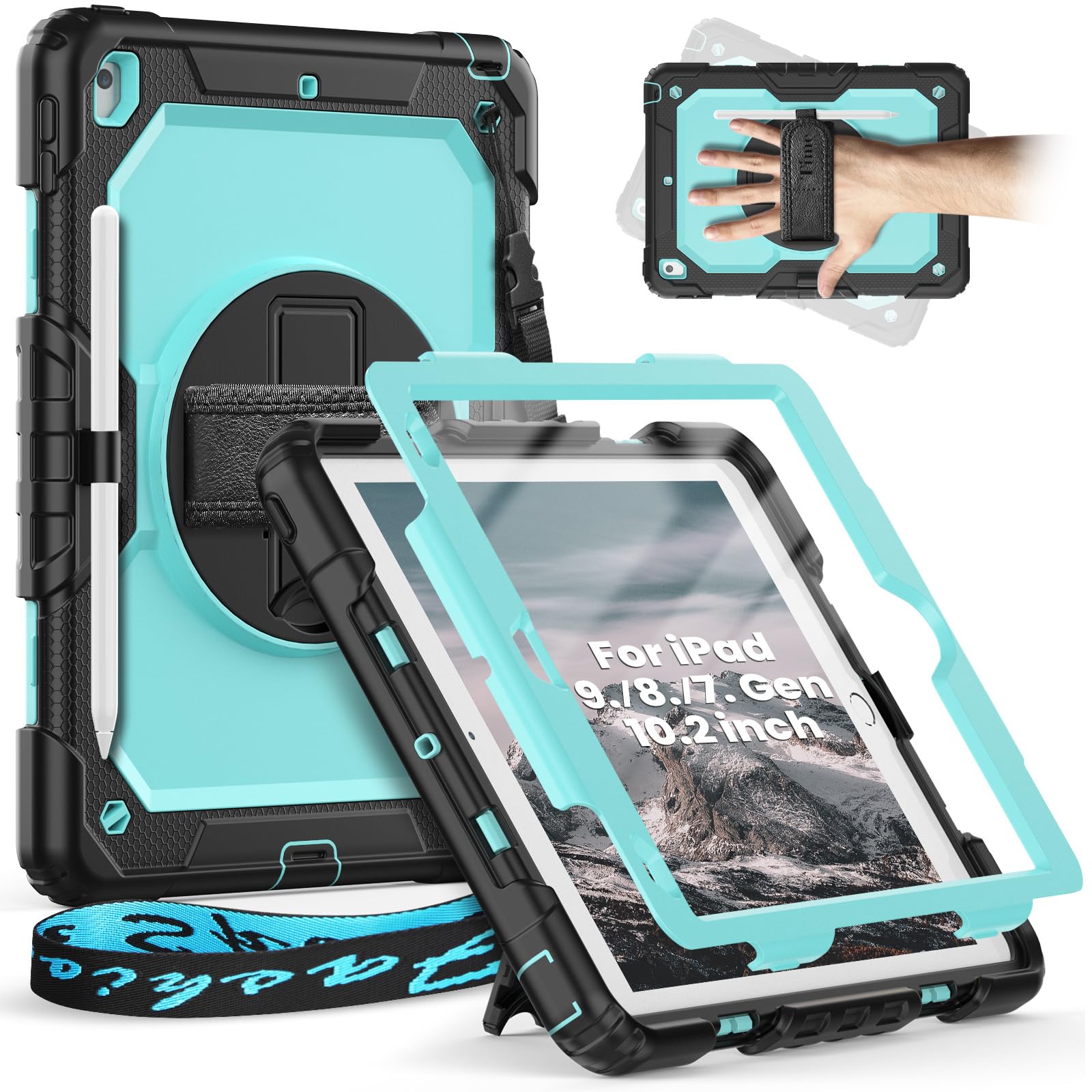 Timecity for iPad 9th 8th 7th Generation Case, iPad 10.2" Heavy Duty Shockproof Bumper Case with Screen Protector, KickStand, Hand Strap, Case for iPad 10.2 -Light Blue