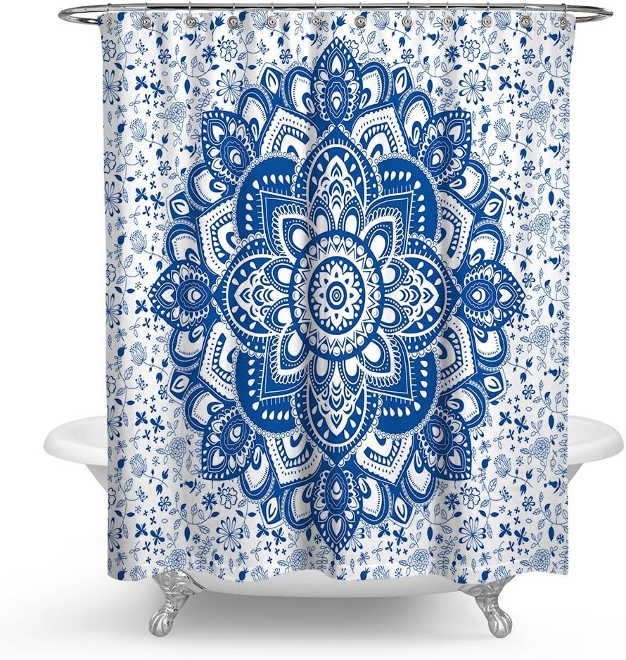 KISY Artistic Mandala Flower Pattern Waterproof Bath Shower Curtain Indian Ethnic Culture Hippie Boho Floral Bathroom Shower Curtain Standard Size 70" x 70",Blue White