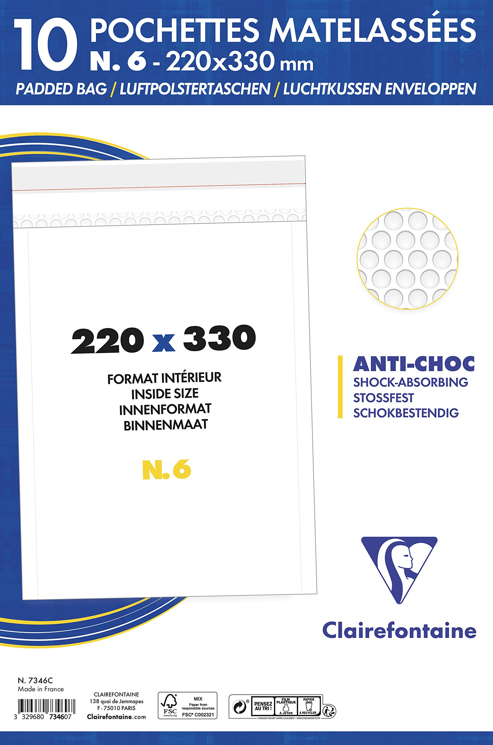 Clairefontaine 7346C - Pack of 10 Padded Envelopes - Lined with Bubble Wrap - Size: 220x330 mm - 90g/m² - White Colour - Mailing - Manufactured in France