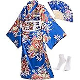 Japanese Anime Women's Kimono Robe Geisha Yukata Sweet Dress Blossom Satin Bathrobe Sleepwear Fans Tabi Socks Set