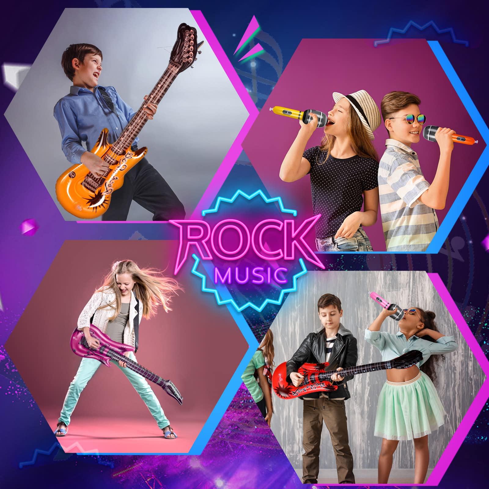 Tradder 24 Pcs Inflatable Rock Star Toy 37 Inch Set, Blow up Guitar Bulks Include Inflatable Guitar 24'' and 10'' Microphone for 80s 90s Musical Themed Party, Birthday Party Decor