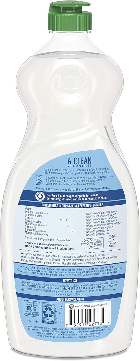 Seventh Generation Dish Liquid Soap, Free & Clear, 25 Oz, Pack of 6: Health & Personal Care