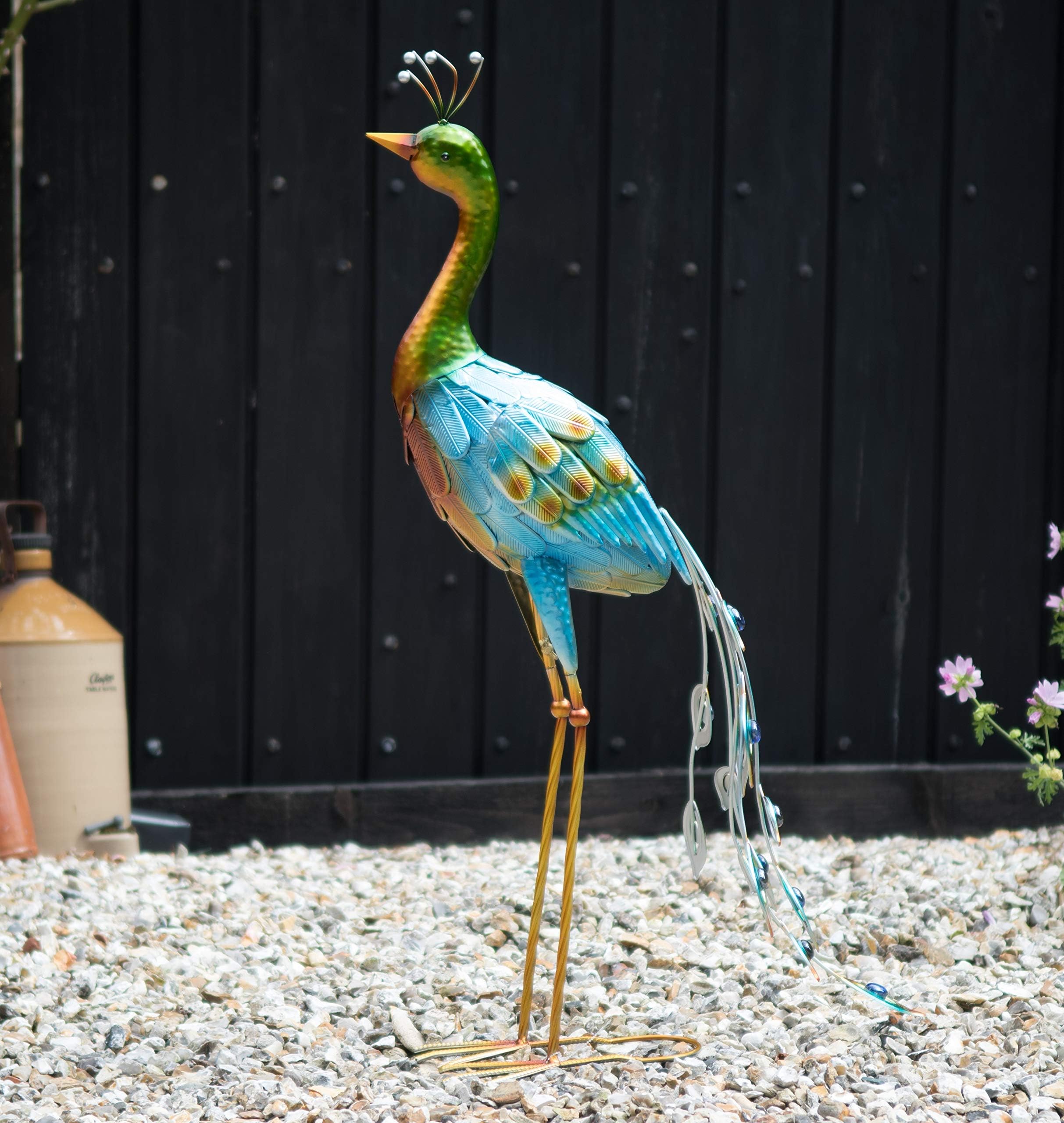 Creekwood Bird Garden Statue Sculpture Ornament, Large Peacock, Blue, with Weather Resistant Metal (52 x 92 cm)