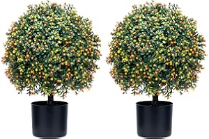 ECOLVANT Two 20''T Artificial Boxwood Topiary Ball Tree UV Resistant Potted Plants Artificial Flower Buds Tree for Indoor Outdoor Home Garden (Orange Flowers, 2)