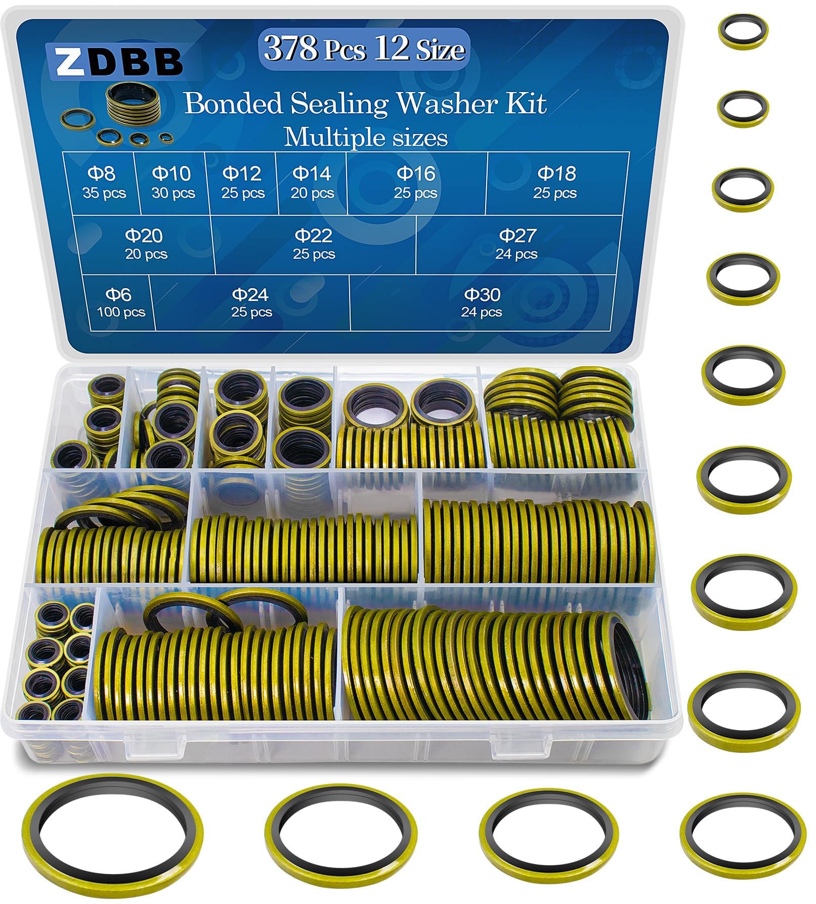 ZDBB 378 Pcs 12 Sizes Bonded Sealing Washer Kit,Automotive Self-Centred AC Seal Metal Rubber Gasket Repair Assortment Set M6 M8 M10 M12 M14 M16 M18 M20 M22 M24 M27 M30