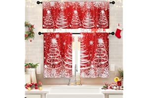 Arttown Christmas Snowflakes Kitchen Window Curtains and Valances Set 36 Inch, Abstract Tree Xmas Red Short Tier Curtain for Cafe Living Room Bathroom, Winter 3 Pieces Set Kitchen Decor