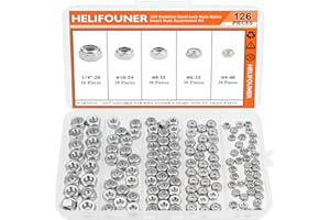 #4-40#6-32#8-32#10-24 1/4"-20 Lock Nuts, HELIFOUNER 126 Pieces 5 Sizes Nylon Insert Hex Lock Nuts Assortment Kit, 304 Stainless Steel (18-8) Locknuts, Coarse Thread