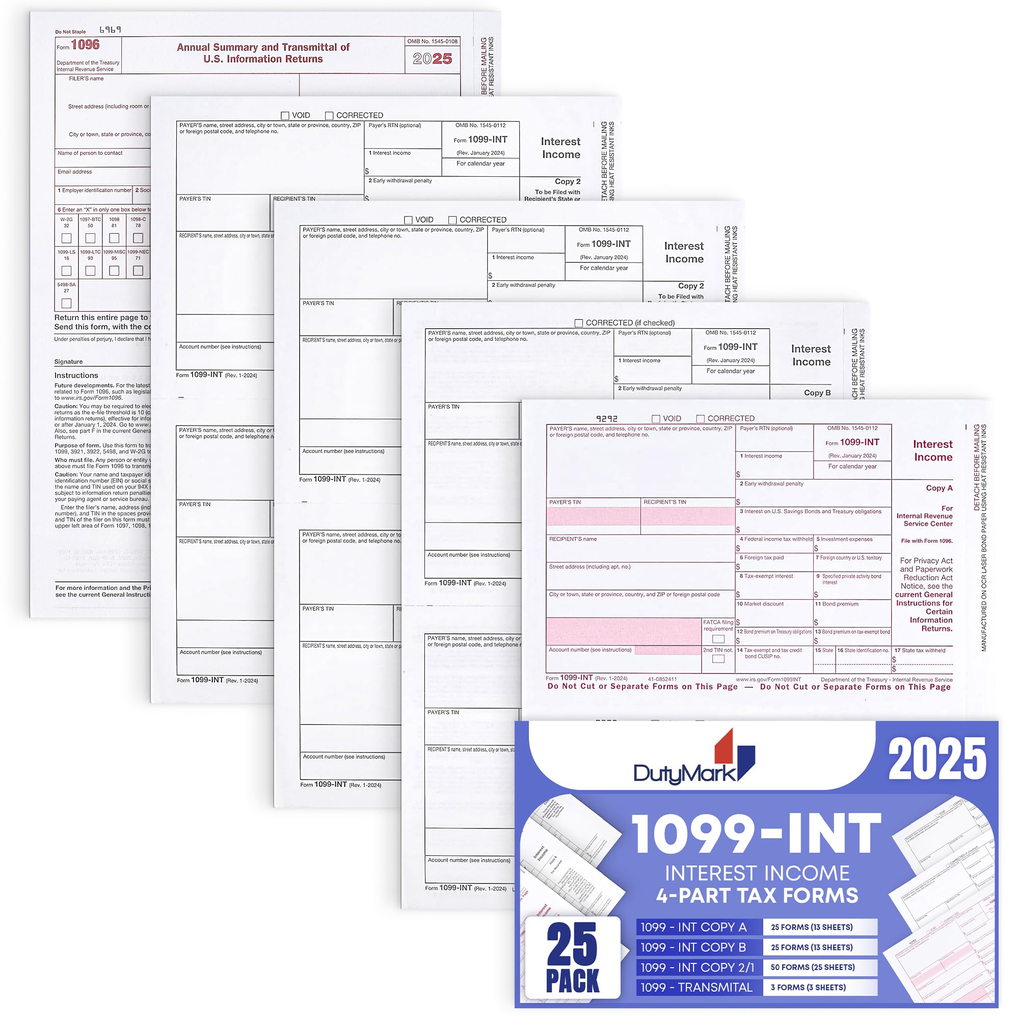 Photo 1 of 1099 INT Tax Forms 2025 Interest Income Set, 4 Part 25 Pack, Great for QuickBooks and Accounting Software 25 Laser Form Sets for Interest Income, 1099-INT 2025