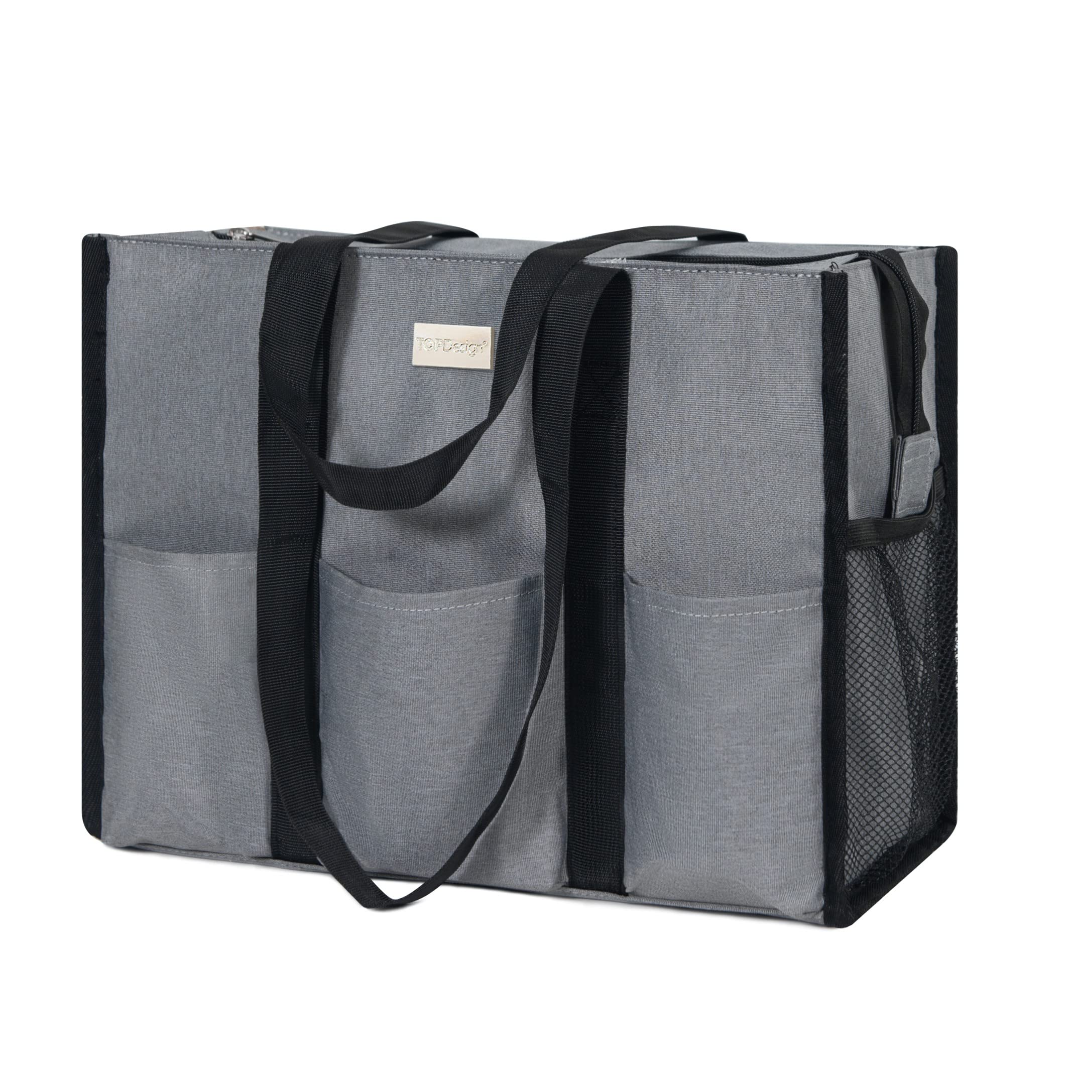 Photo 1 of TOPDesign Utility Water Resistant Tote Bag with 13 Exterior & Interior Pockets, Top Zipper Closure & Thick Bottom Support, for Working Women, Teachers, Nurses, Accountants (Light Grey)