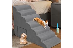 LitaiL 7 Tiers Extra Wide Dog Stairs 33 inches High for High Beds, Multi-Purpose 3-in-1 Foam Dog Steps for Small Dogs, Portable Pet Stairs with Handle for Bed. Non-Slip Bottom Dog Ramps, Grey