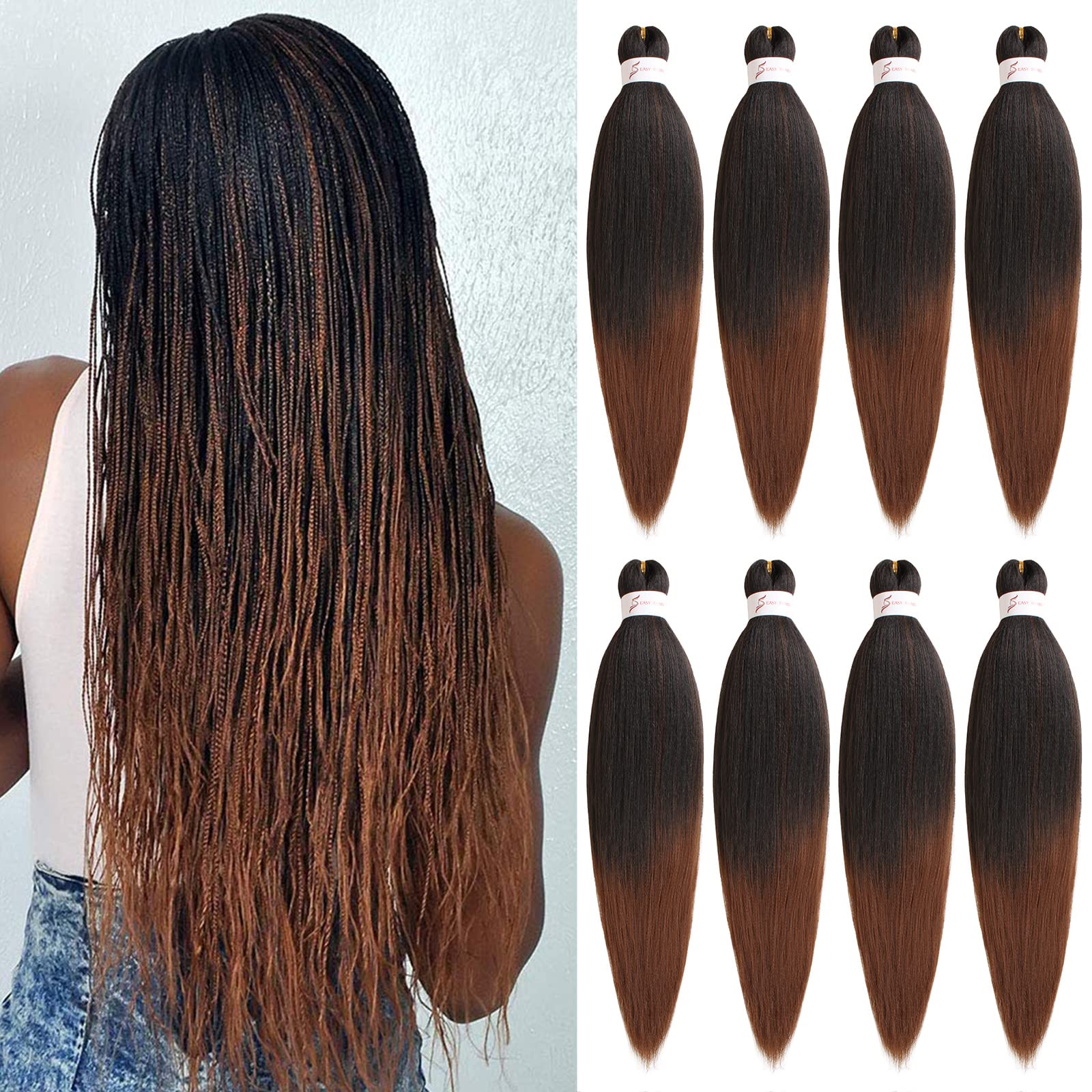 Xtrend 8 Packs 30 Inch Ombre Brown EZ Braiding Hair Extensions Long Pre Stretched for Box Braids Yaki Straight Kanekalon Fiber Pre Stretched Crochet Braiding Hair Extension T30#