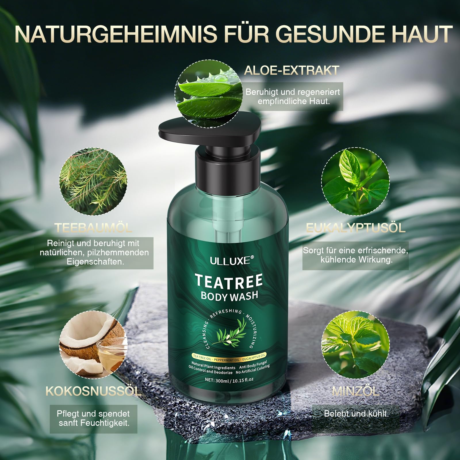 Teebaum Duschgel, lindert Pilz Juckreiz, Schuppen, Akne am Rücken, Fußpilz und Körpergeruch, Antimykotisches Duschgel mit Pfefferminz und Eukalyptusöl, 300 ml 3