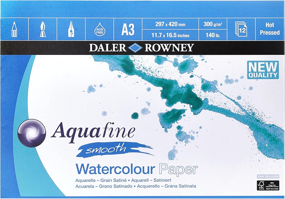 Daler Rowney Aquafine Smooth Hot-Pressed Watercolour Paper A3 300gsm 12 Sheets