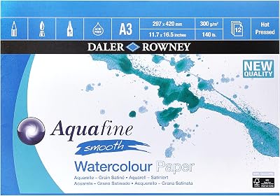 Daler Rowney Aquafine Smooth Hot-Pressed Watercolour Paper A3 300gsm 12 Sheets