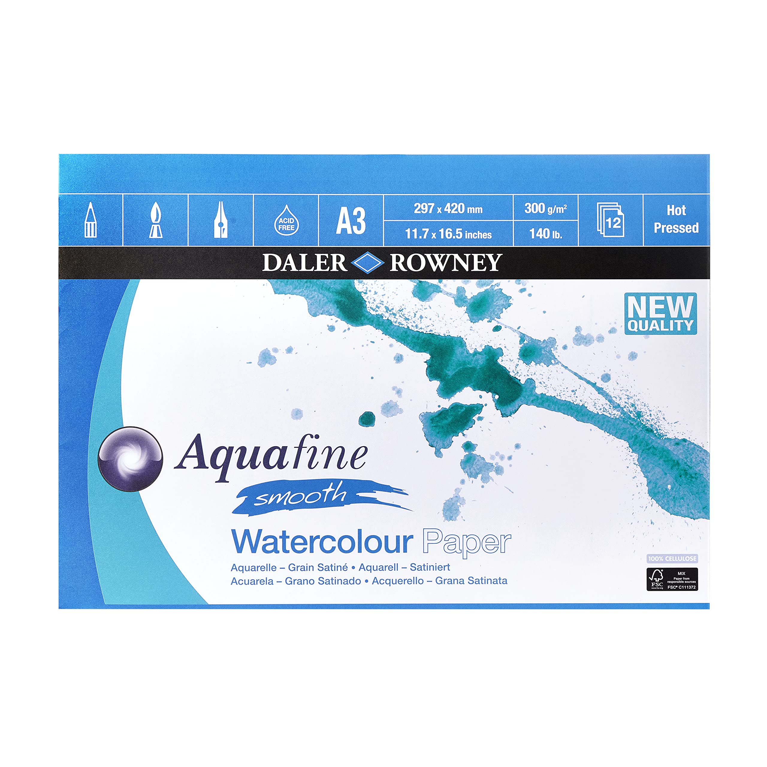 Daler-Rowney Aquafine Smooth Hot-Pressed Watercolour & Gouache A3 300gsm Paper Pad, Glued 1 Side, Natural White, 12 Sheets, For Professional & Beginner Artists & Students, Acid-Free