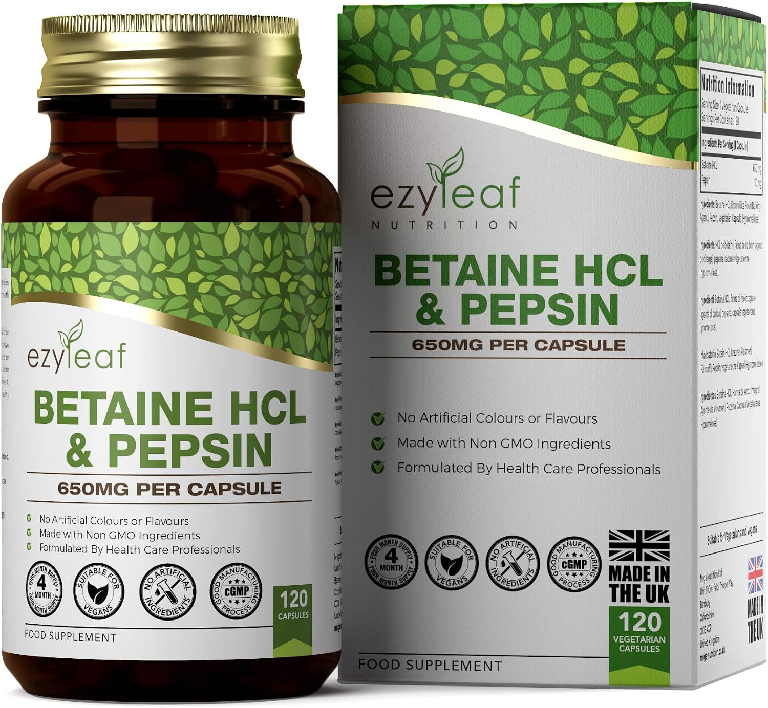 Ezyleaf Betaine HCL with Pepsin 650mg, 120 count (Pack of 1)