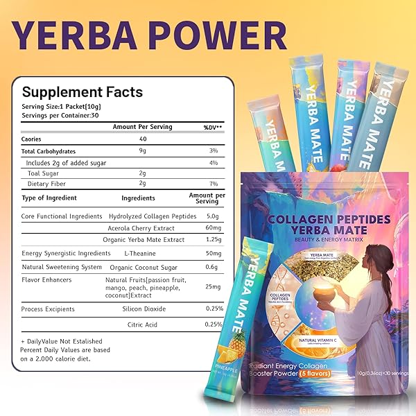 YERBA MATE INSTANT TEA POWDER WITH COLLAGEN & VITAMIN C, CLEAN ENERGY FOR GLOWING SKIN & CRASH-FREE FOCUS, GUT HEALTH, SUPERFOOD BEAUTY DRINK LOW SUGAR CONTENT WITH NATURAL FRUIT EXTRACTS, KETO & PALEO, 30 SERVINGS