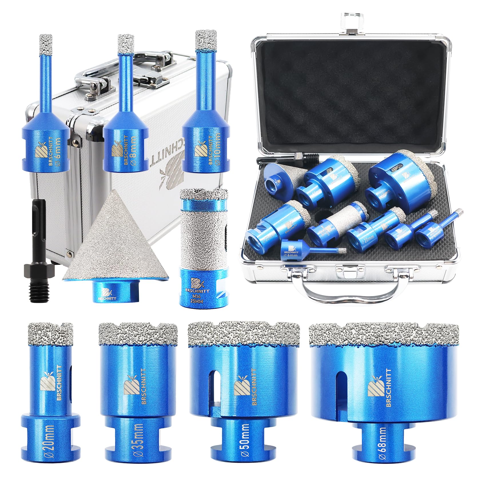 Diamond Core Drill Bit Set for Porcelain Tile Ceramic Marble Granite Drilling,BRSCHNITT 6/8/10/20/35/50/68 & 25mm finger drill bit &50mm diamond chamfer bit with M14 Thread &adapter — image 1