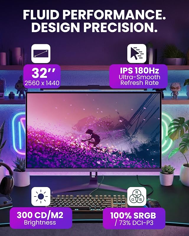 Nova 32" QHD 2560×1440 IPS Gaming Monitor, 180 Hz, 1 ms, FreeSync, HDR, Colunas Integradas – Roxo