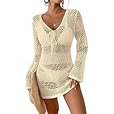 Bsubseach Women Swimsuit Crochet Coverup Long Sleeve V Neck Beach Knit Bathing Suits Cover Ups Mesh Bikini Hollow Out Dress