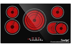 Cusinesync 36 Inch Electric Ceramic Cooktop, 5 Burner Built-in Electric Cooktop with 9 Power Levels, Touch Control, Timer, Child Lock and Residual Heat Warning, 9200W, 220-240V for Hard Wire