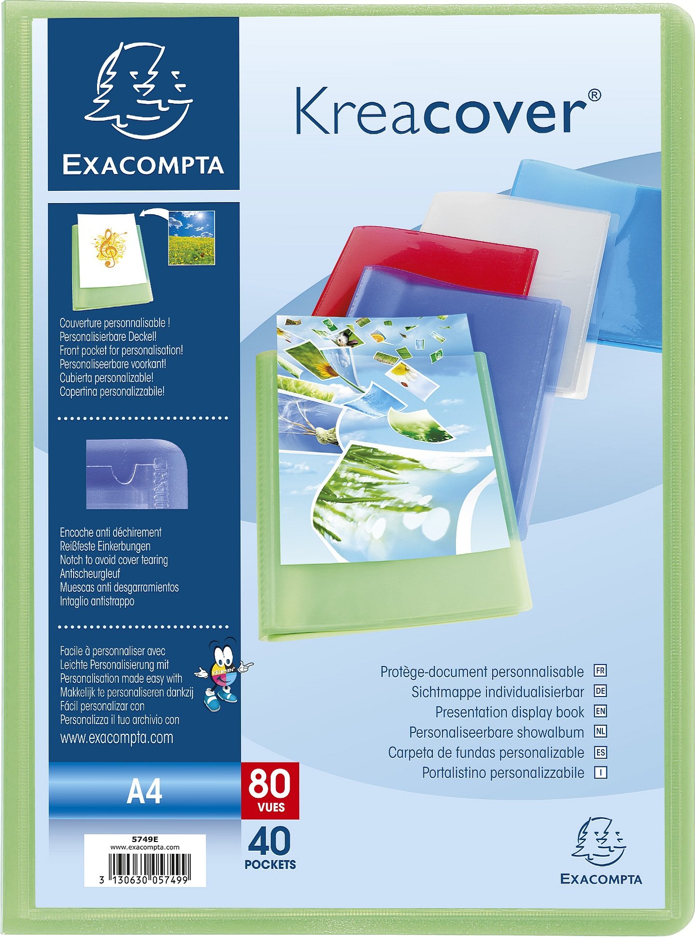 Exacompta - Ref 5749E - Kreacover Collection - Semi-Rigid Opaque PP Display Book - 240 x 320mm in Size, Suitable for A4 Documents, 40 Pockets - Assorted Colours (Pack of 5)