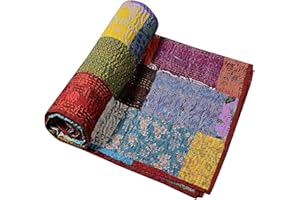 Rajasthaniartdecor Indian Handmade Vintage Silk Sari Patola Ethnic Reversible Blanket Bedspread Throw Stitch Patchwork Kantha Quilt (Multi, Single 60x90 Inch)