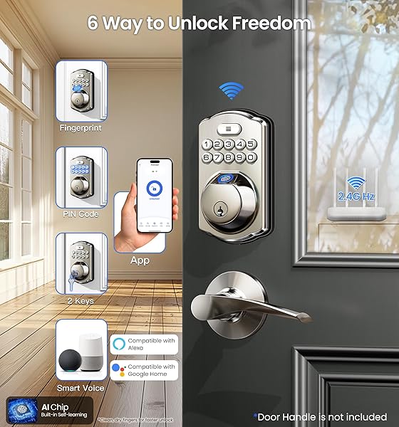 VEISE VE012W BUILT-IN WIFI FINGERPRINT SMART LOCK, APP REMOTE CONTROL, NO HUB NEEDED, KEYLESS ENTRY, FRONT DOOR SMART DEADBOLT, DIGITAL KEYPAD, AUTO LOCK, IP55 WATERPROOF, BHMA GRADE 3, SATIN NICKEL