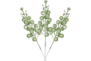 ISHUA 36pcs Glitter Green Berries Stems, 7.9 Inch Christmas Berries Stems Glitter, Artificial Berry Picks Christmas Red Berries Stems for Vases for Decoration Christmas Tree Wreath Winter Home Decor