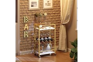 MAHANCRIS Bar Cart for Home, Mini Rolling Wine Cart, 3 Tier Serving Cart, Kitchen Storage Cart with Wine Rack and Glass Holders, for Kitchen, Dining Room, Living Room, Gold and White RCJW9301